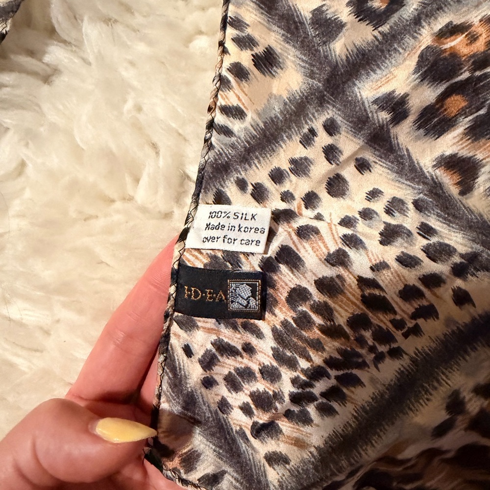 Korean Silk Leopard Print Women's Scarf - Tan Black Cream - Picture 4 of 4